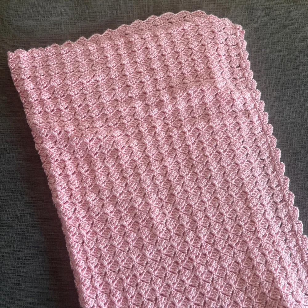 Handmade Pink Crochet Baby Blanket Shell Stitch Scalloped Edge Nursery Wrap